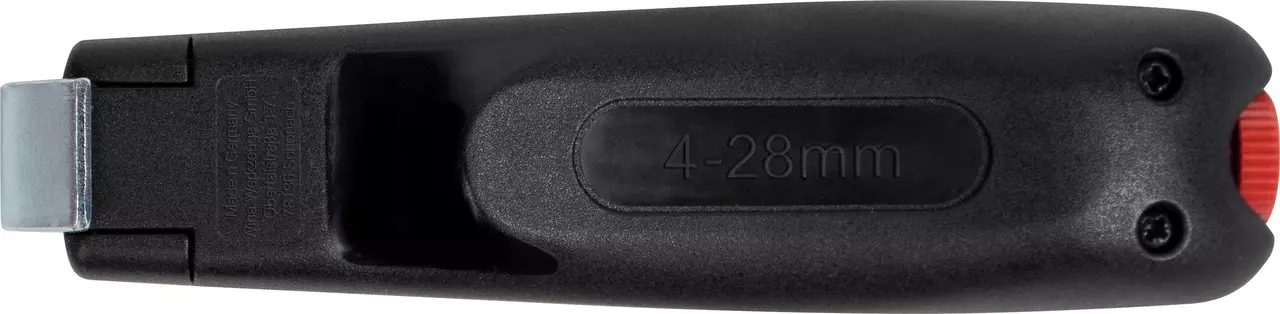 Black cable stripping tool with red rotary knob, marked 4-28mm.
