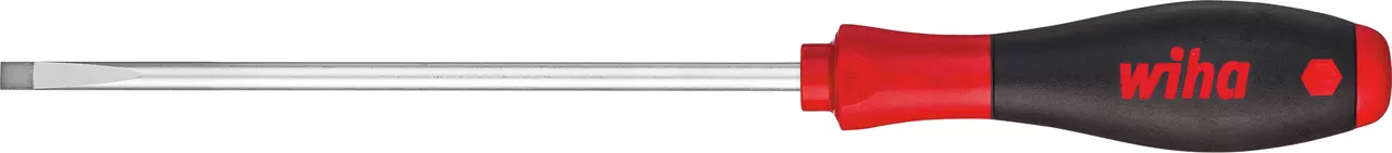 Screwdriver with red and black handle, flat metal shaft.