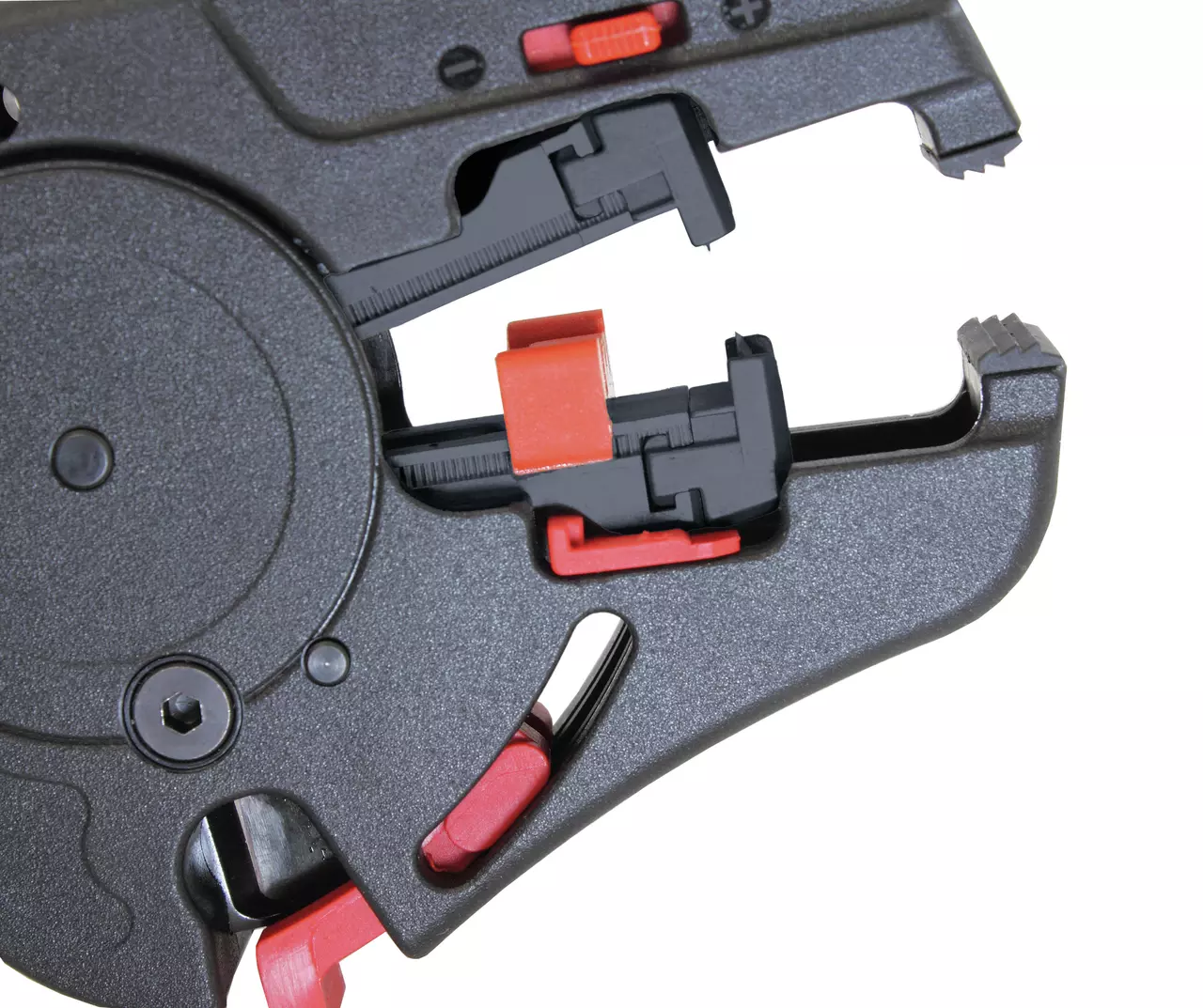 Automatic wire stripper with adjustment dial and red accents