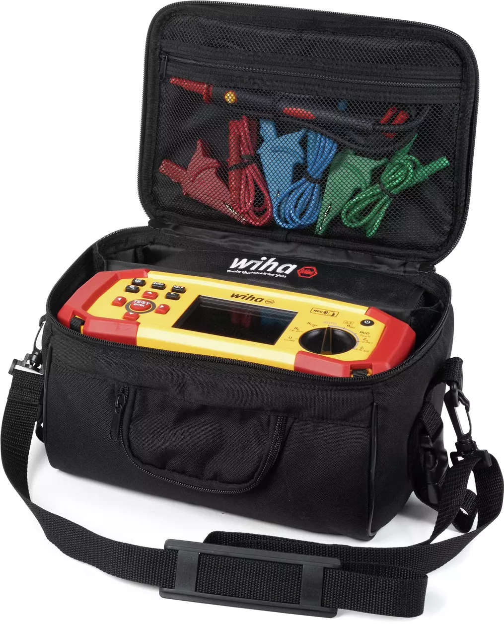 Black tool bag with multimeter and colorful cables