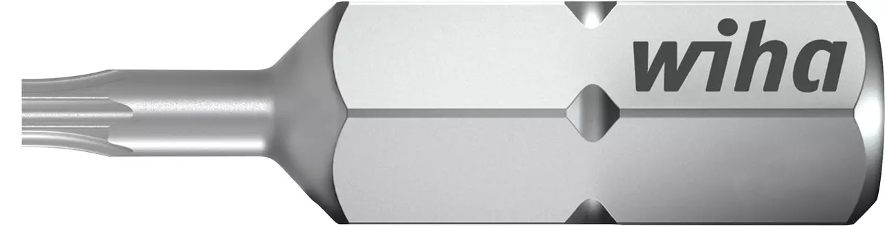 Torx T8 bit with hexagonal shank, gray metal finish, brand logo visible.