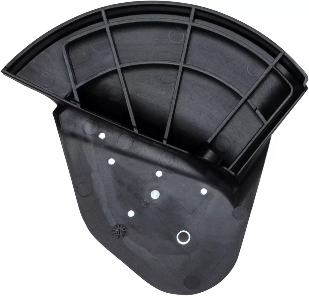 Black plastic wheel bracket with curved and flat surfaces, featuring multiple holes for mounting.