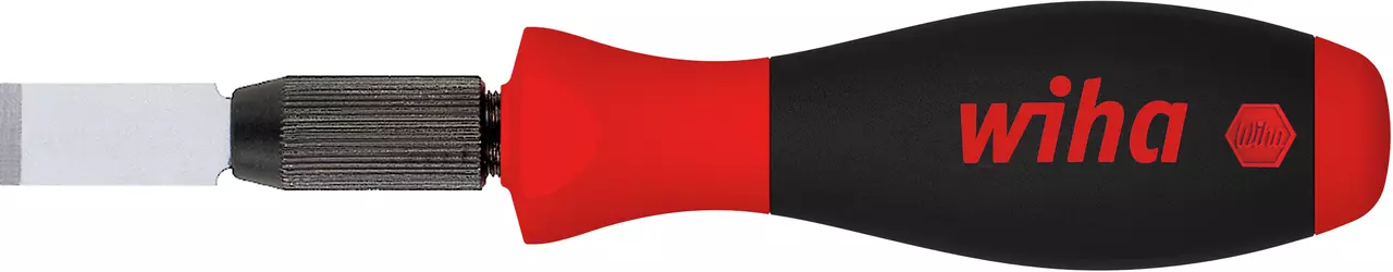 Universal scraper with red and black handle, metal blade