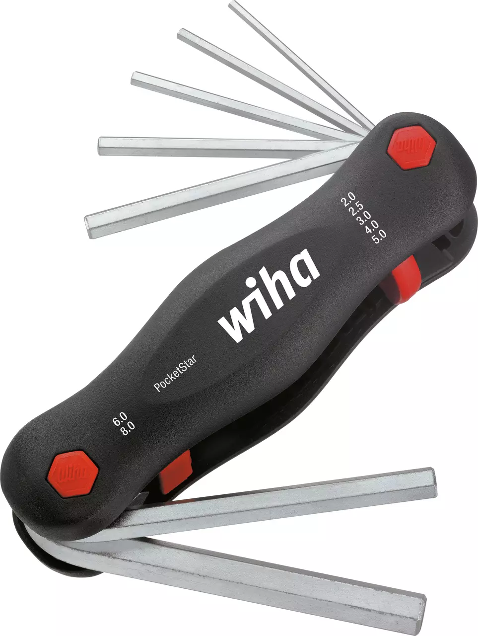 Folding hex key set with black handle and multiple silver keys extended.