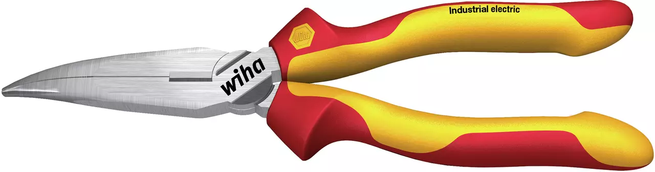 Bent flat round pliers with yellow-red handle, labeled "Industrial electric" and "wiha"