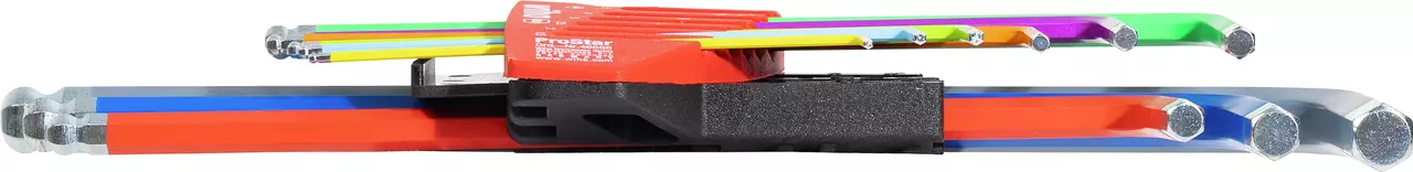 Colorful set of L-keys in a black and red holder, arranged side by side.
