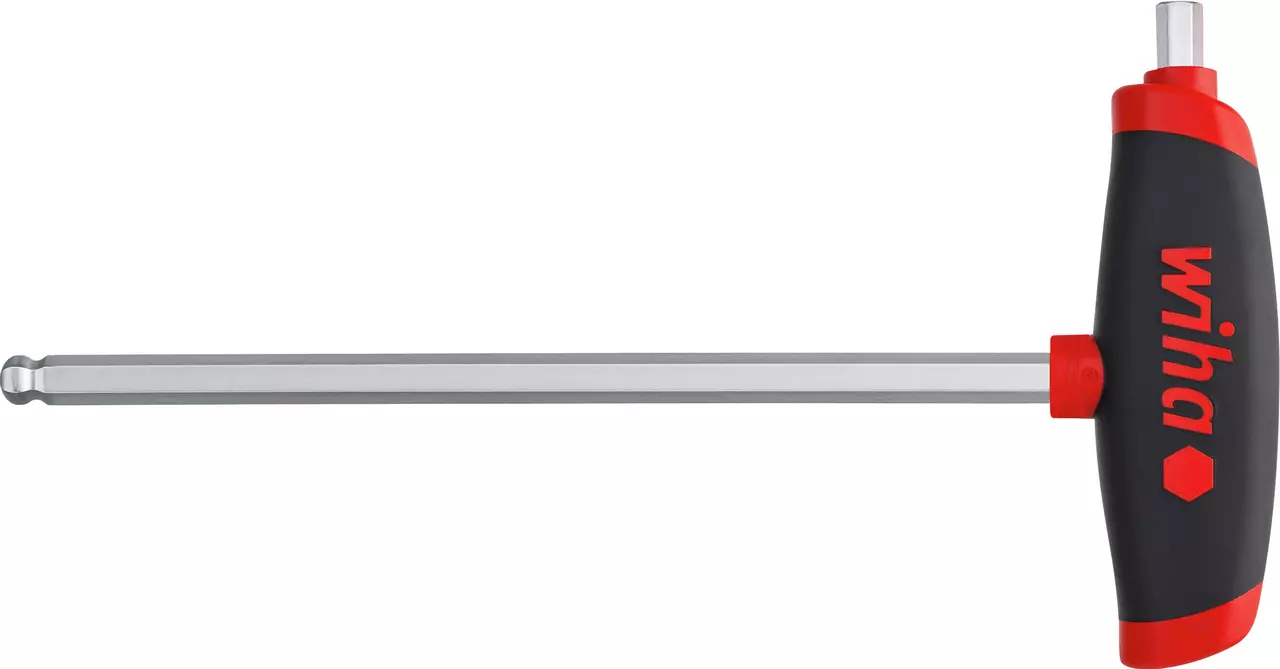T-handle hex key with black and red grip and long metal shaft.