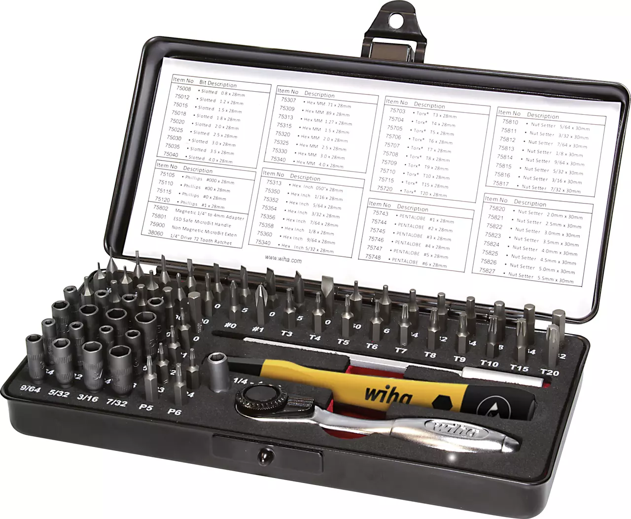 Micro bit set in black case with various bits and a handle