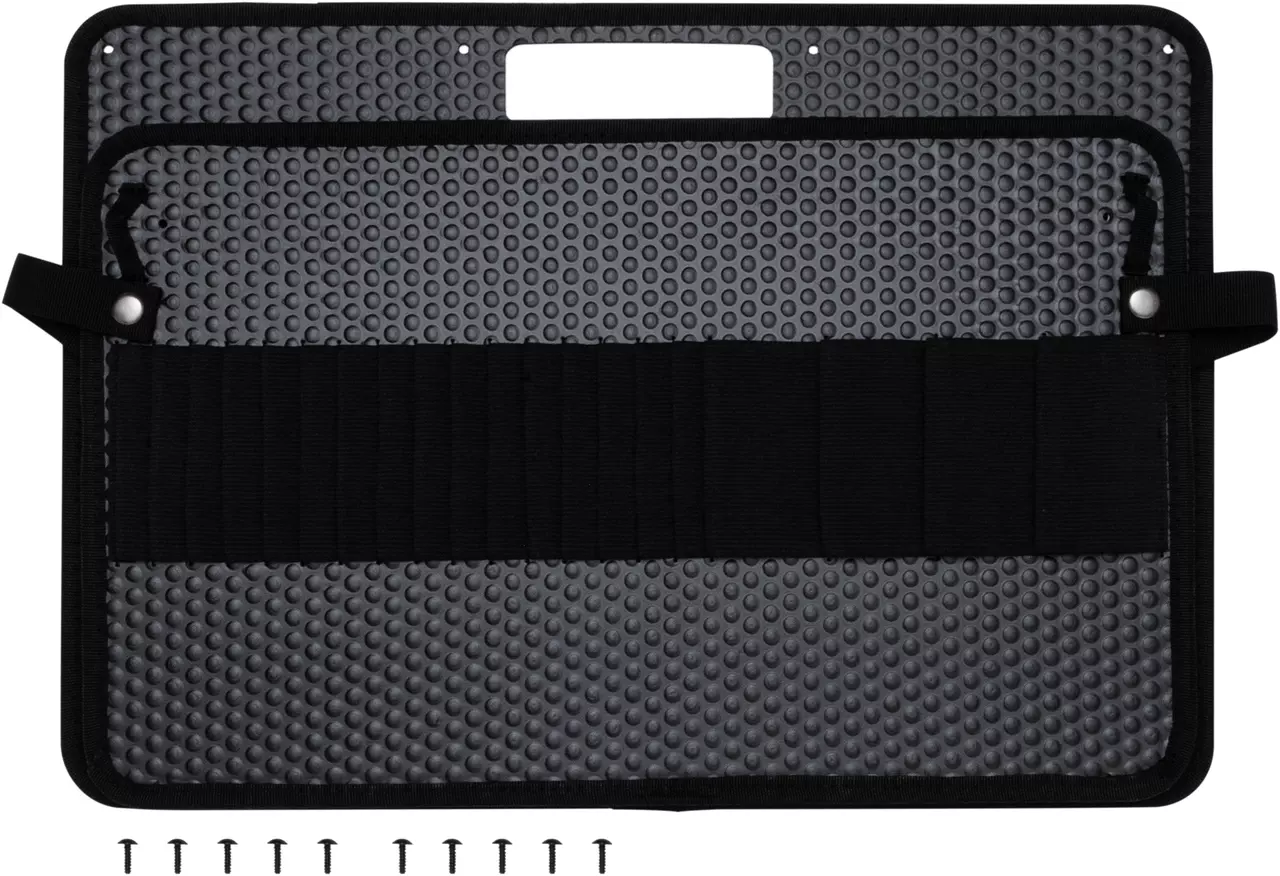 Black and gray tool panel with elastic loops and screws.