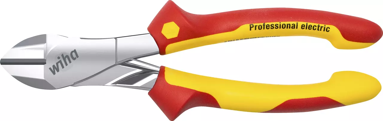 Red and yellow insulated side cutter with silver blades, labeled "Professional electric."