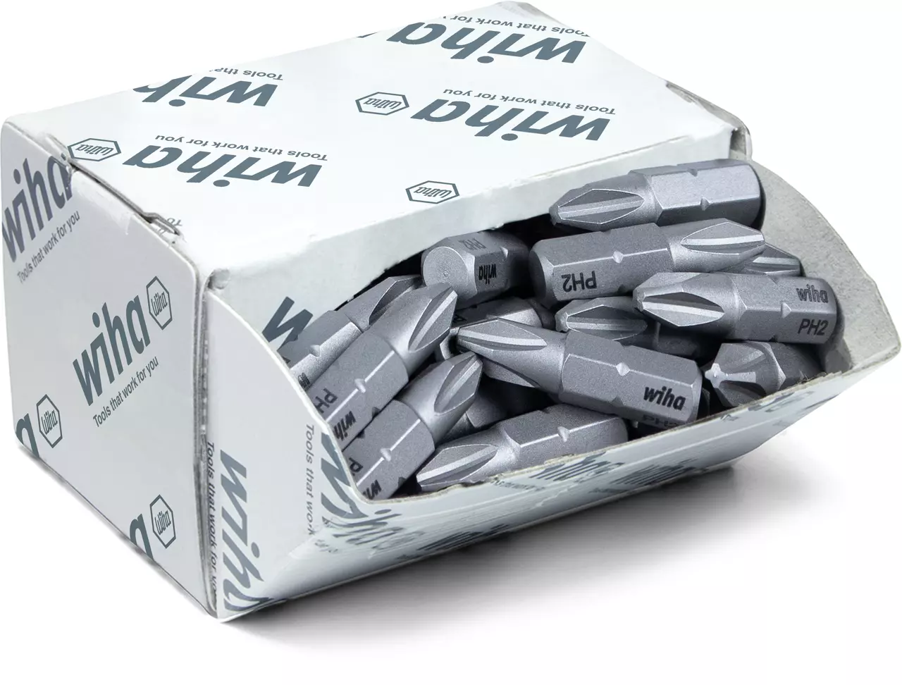 Box of silver screwdriver bits labeled "PH2" inside a cardboard package.
