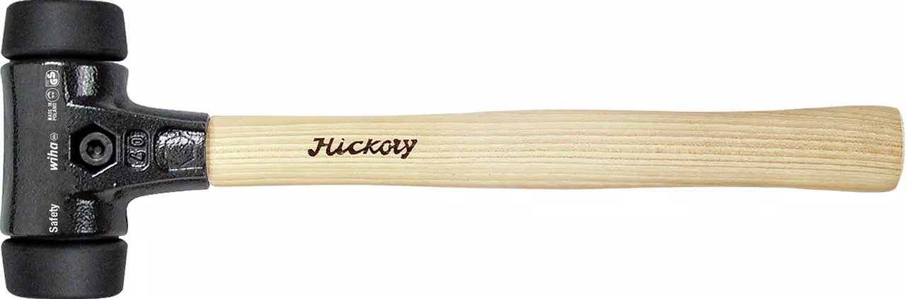 Soft-faced hammer with black rubber heads and a wooden handle.