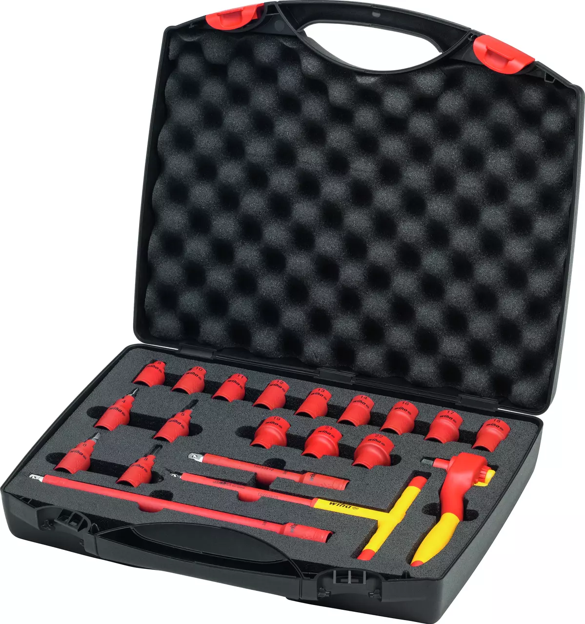 Insulated tool set in a black case with red and yellow handles.