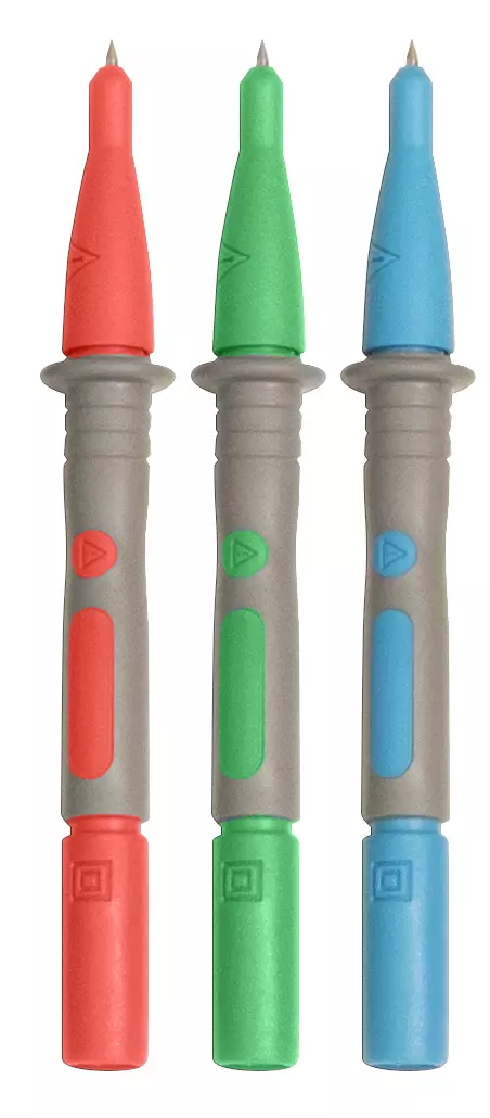 Three test probes in red, green, and blue with gray handles.
