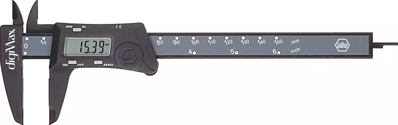 Digital caliper with LCD display showing 15.39 mm measurement.