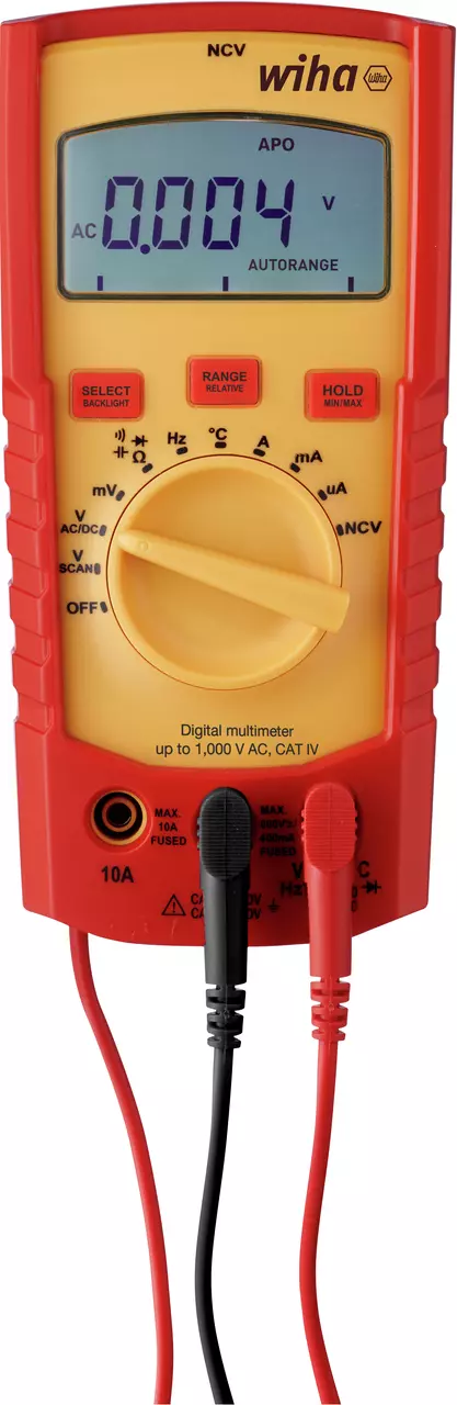 Digital multimeter with display showing 0.004 volts, red and yellow casing, and attached black and red probes.