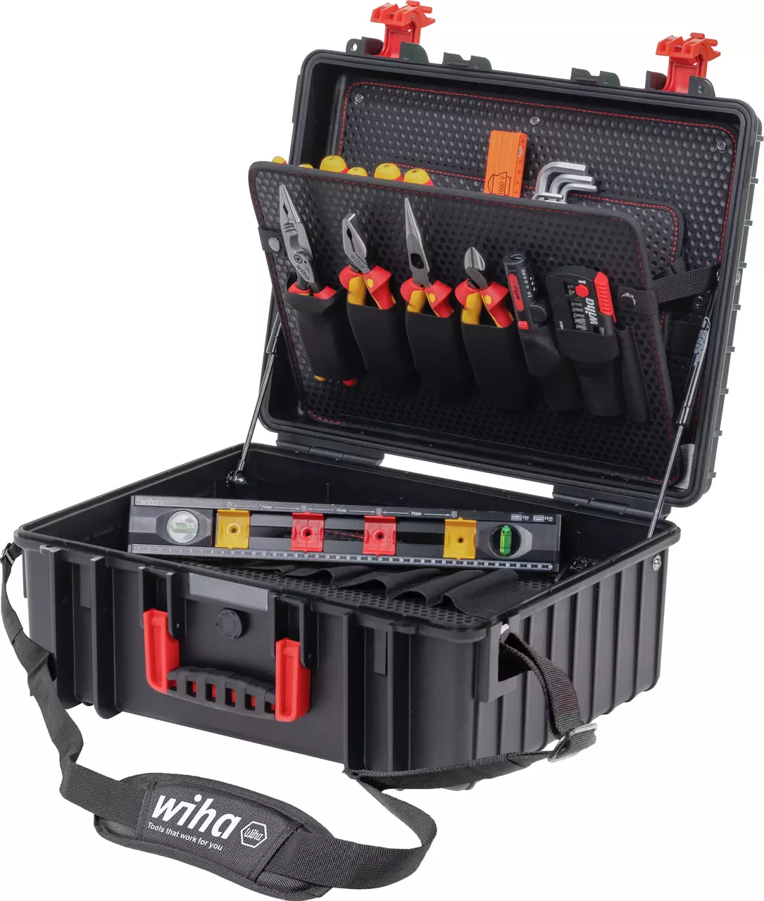 Black toolbox with screwdrivers, pliers, and a spirit level