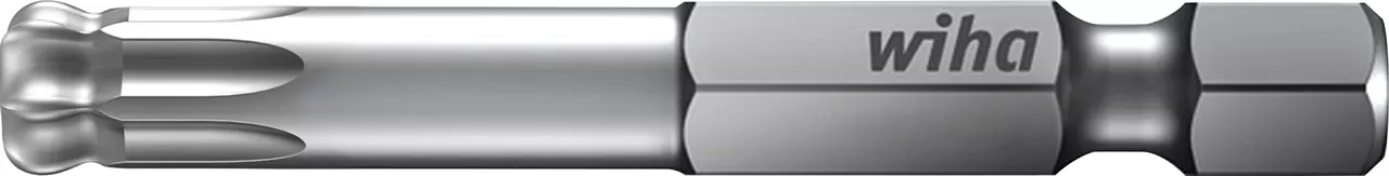 Torx bit with ball end, silver color, hexagonal shaft, brand logo visible.