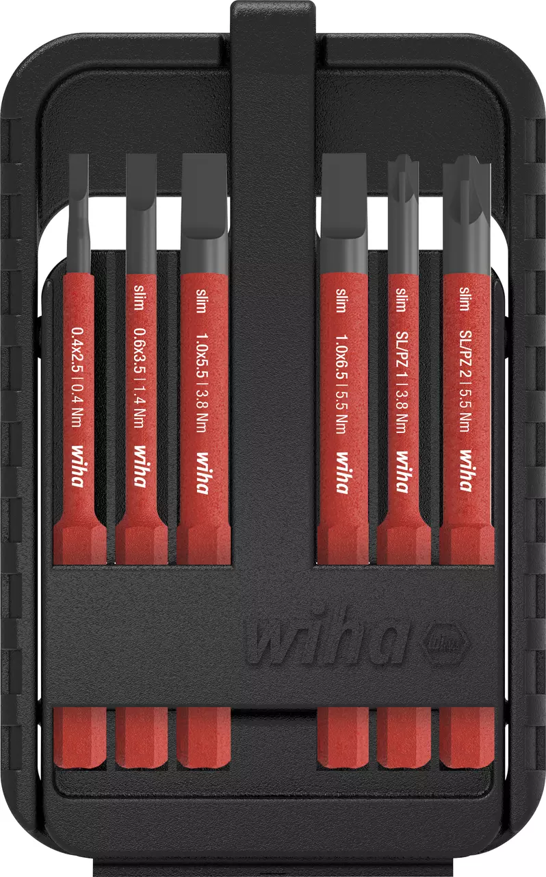 Black and red slim bit set in a compact holder with six different bits visible.