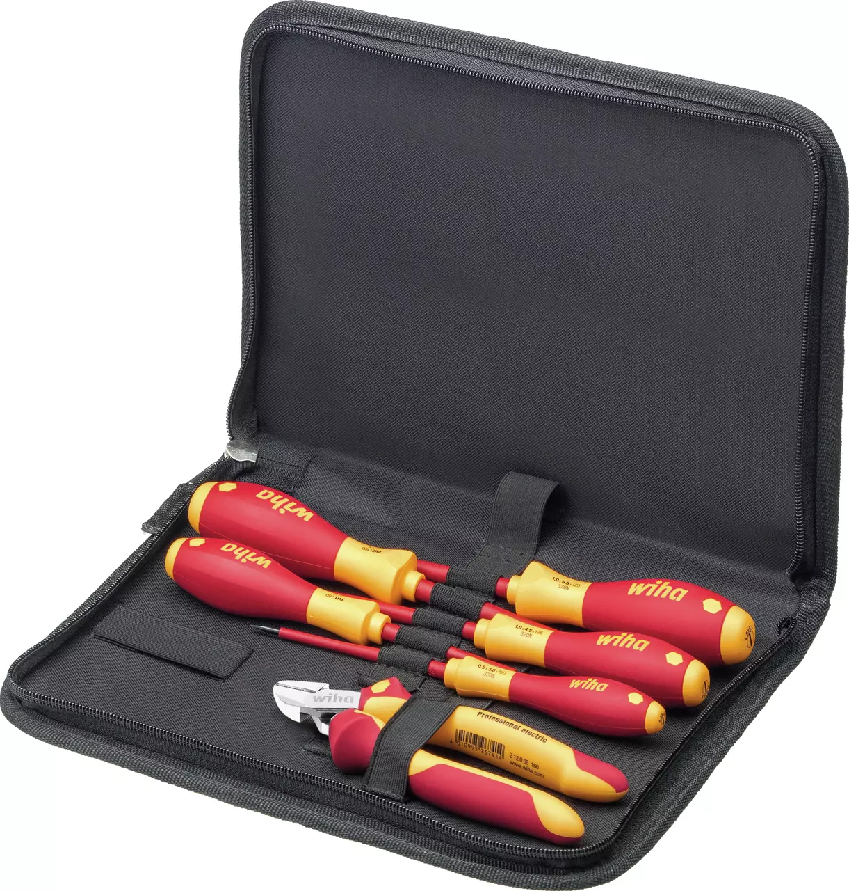 Electrician's tool set with insulated screwdrivers and pliers in a black case.