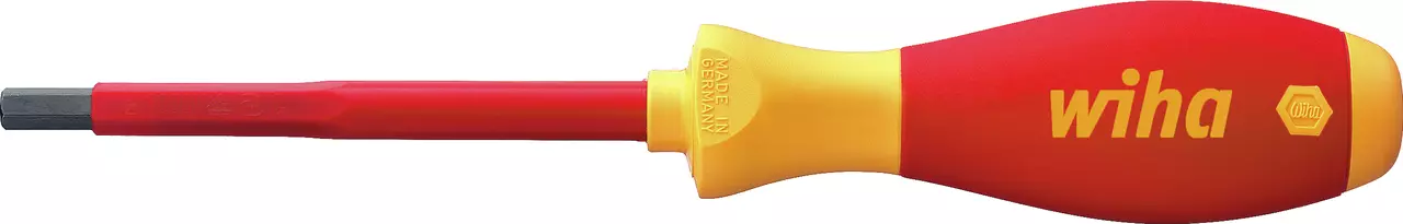 Insulated hex screwdriver with red and yellow handle, labeled "wiha"