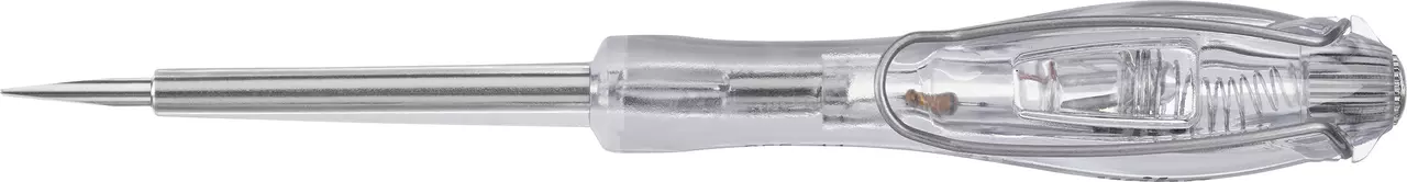 Transparent voltage tester with metal tip and clip.