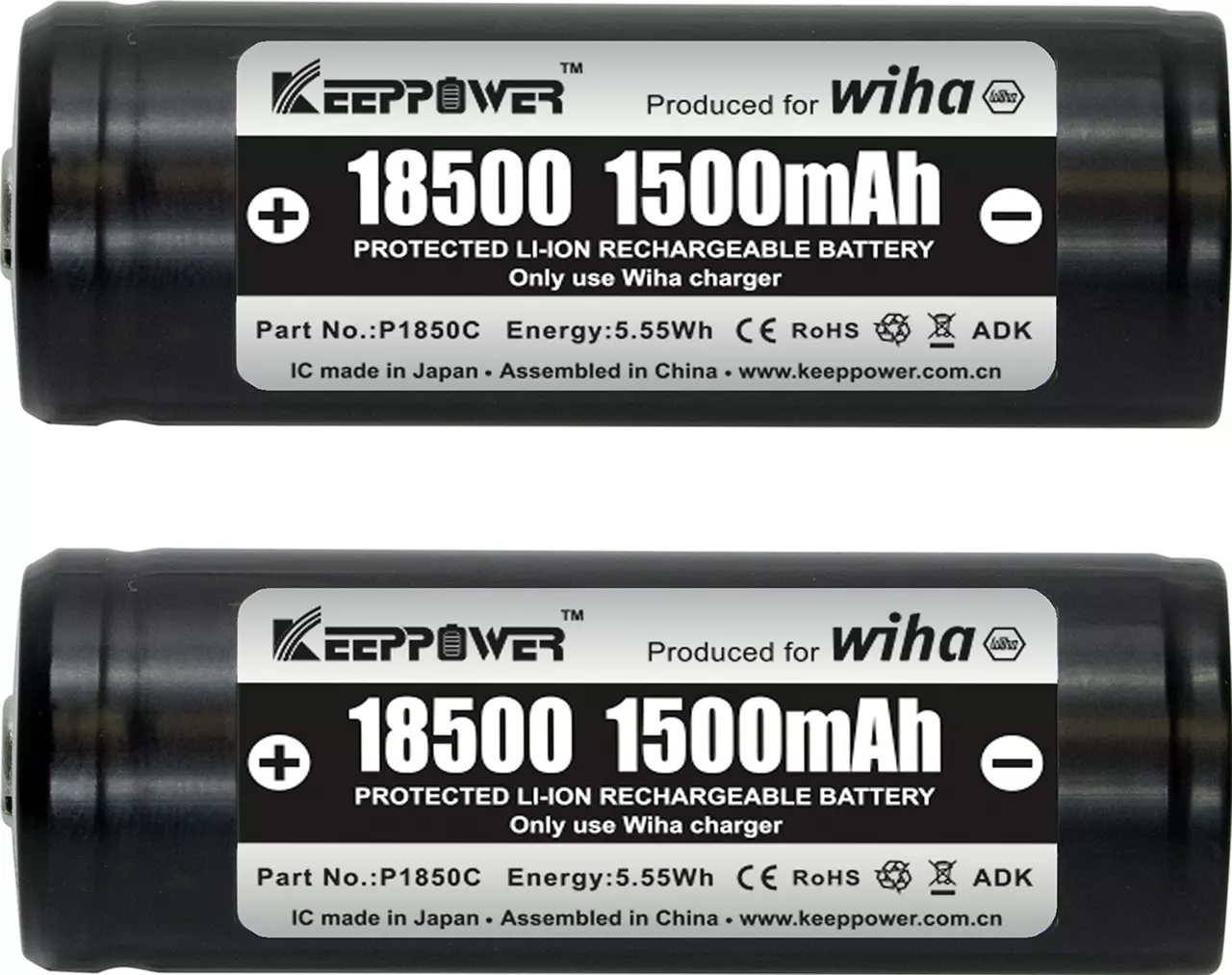 Zwei schwarze 18500 Li-Ionen-Akkus mit 1500mAh Kapazität, für Wiha gekennzeichnet.