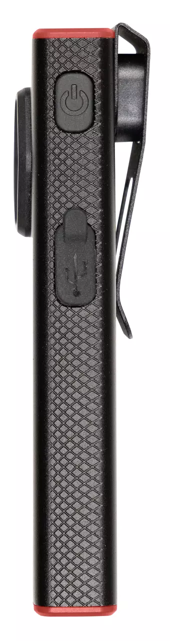 Schwarze Taschenlampe mit Texturgriff und roten Akzenten, mit einem Einschaltknopf und USB-Anschluss an der Seite.