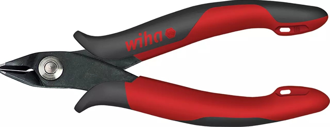 Electronic side cutter with black metal jaws and red-black ergonomic handles.