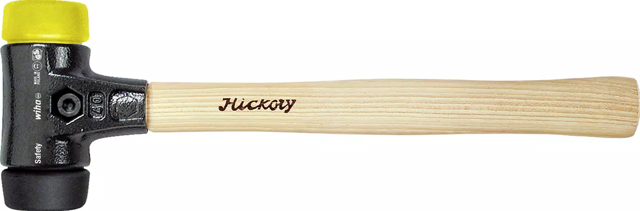 Rubber mallet with wooden handle, yellow and black heads.