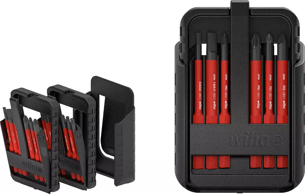 Black and red screwdriver bit set in a compact case.