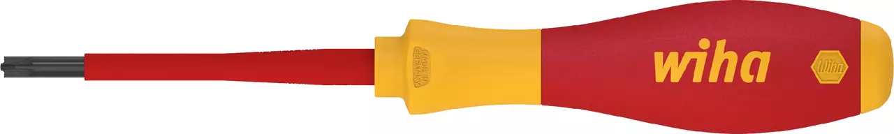 Red and yellow electric screwdriver with ergonomic handle and black tip.
