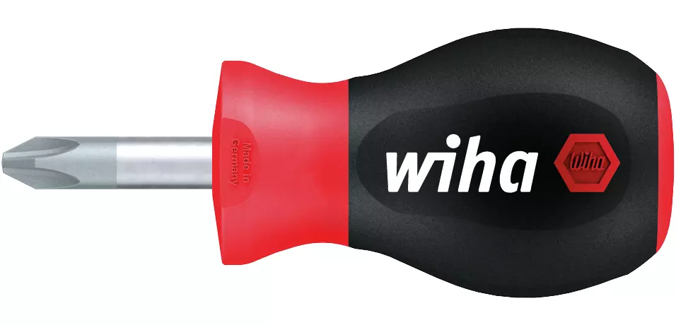 Stubby screwdriver with red and black handle, Phillips head.