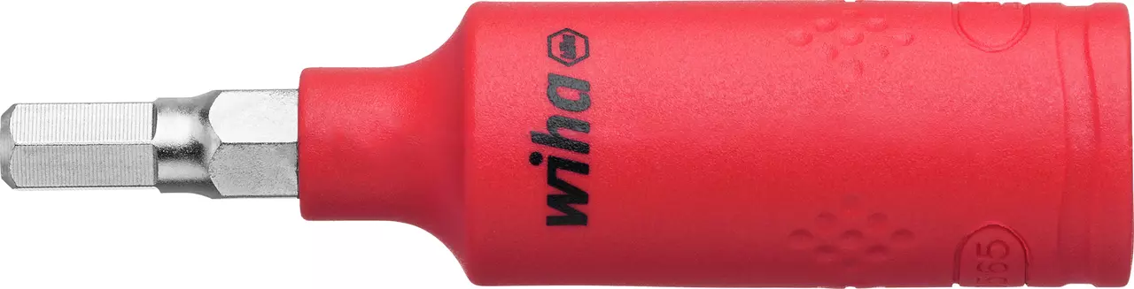Red insulated screwdriver bit holder with hexagonal metal end.