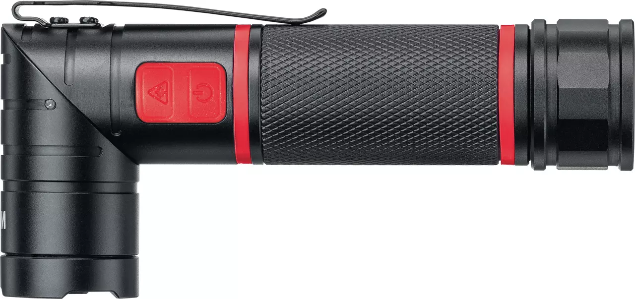 Black flashlight with red button and textured grip