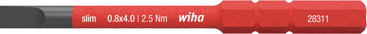 Embout de tournevis plat rouge avec texte blanc sur le manche.