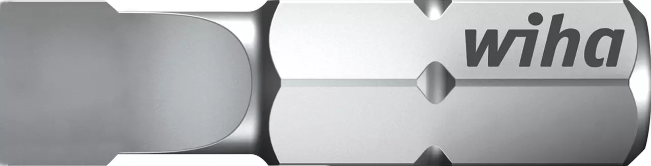 Flat-head screwdriver bit, metallic, with "wiha" logo.