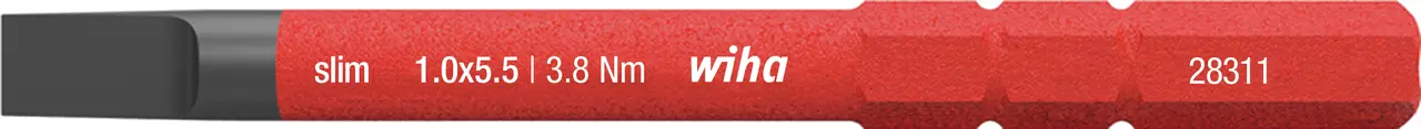 Red screwdriver bit with flat head and white text