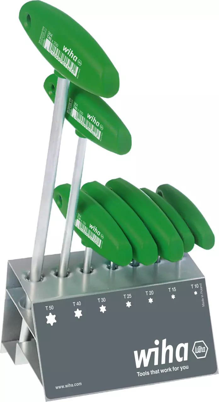 Set of green T-handle tools in a metal stand.