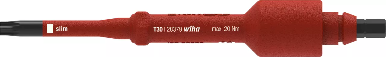 Red interchangeable electric Torx T30 blade with black tip.