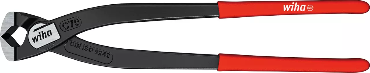 Classic rebar tying pliers with red handles and black metal jaw.