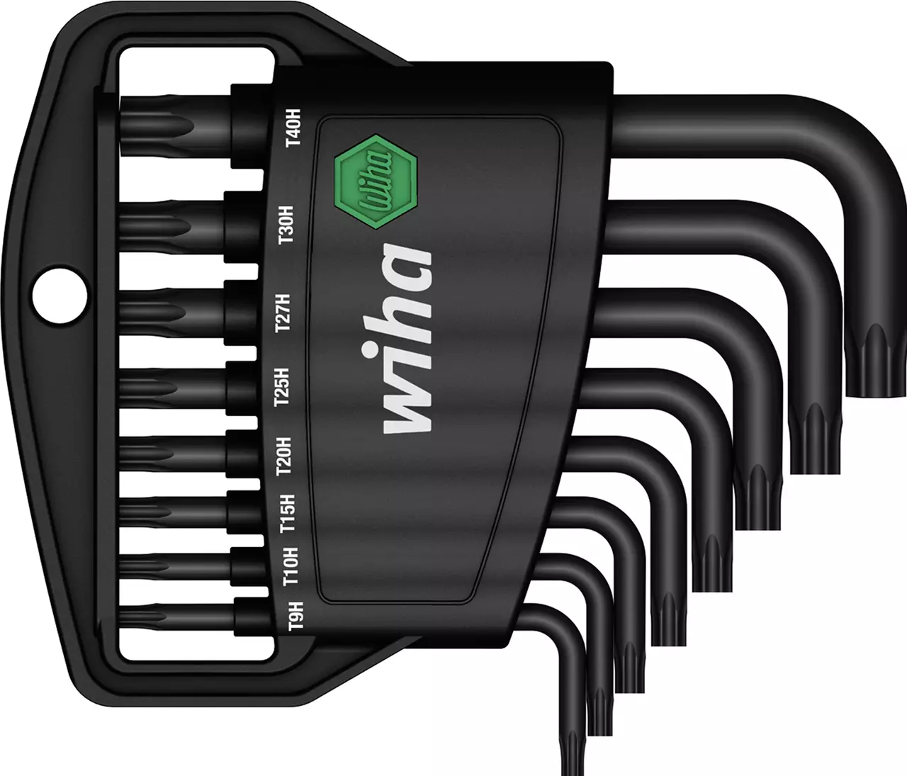 Set of black L-shaped hex keys in a holder