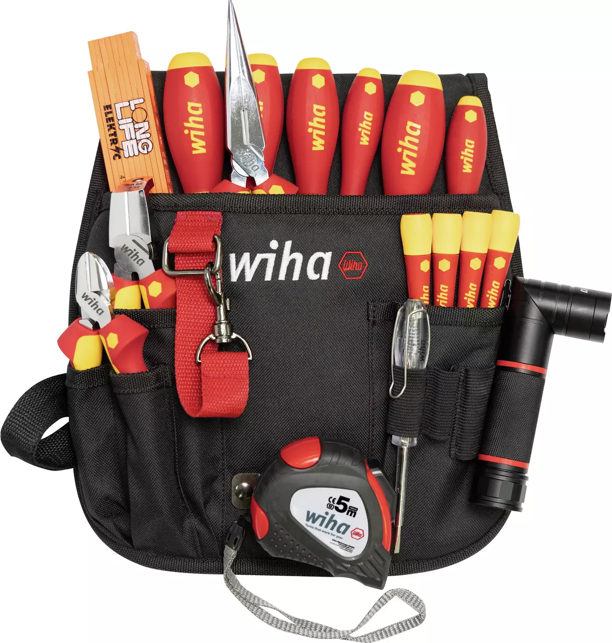 Electrician's tool belt pouch with various tools, including screwdrivers, pliers, and a tape measure.