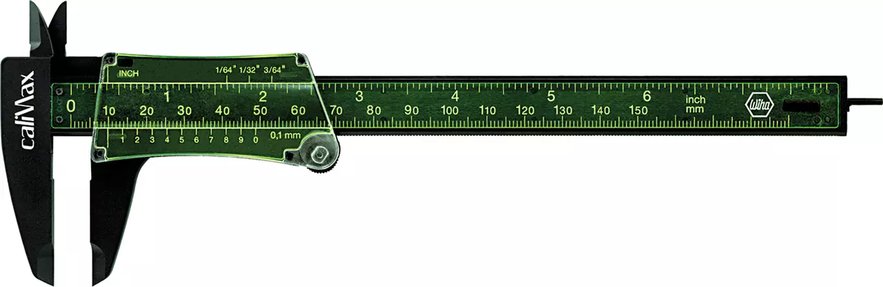 Green and black caliper with measurement scales in inches and millimeters.