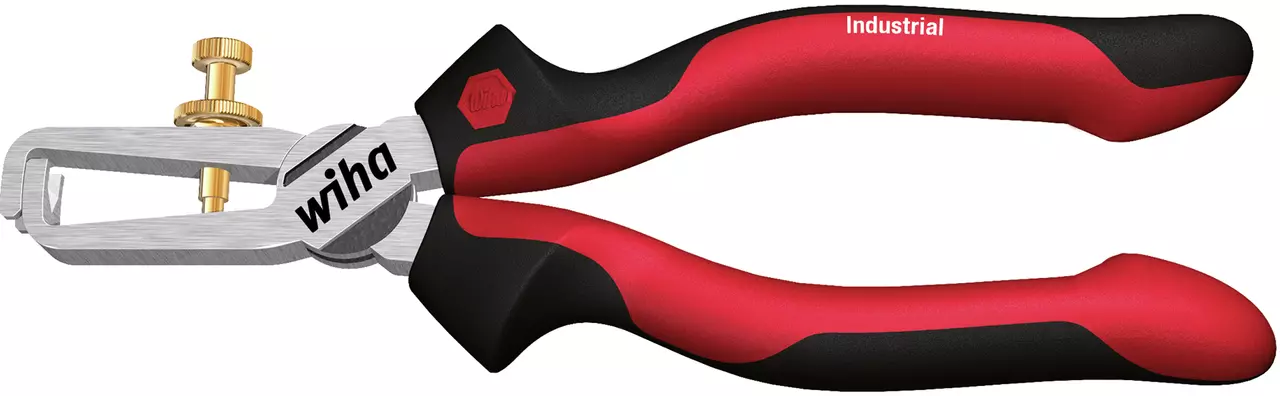 Red and black wire stripping pliers with adjustable brass screw and silver blades.