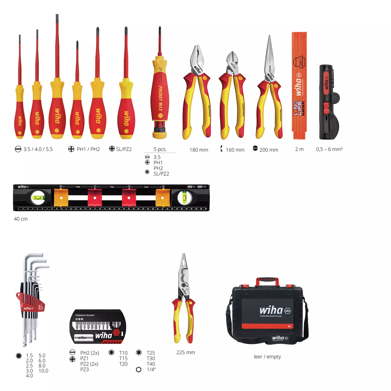 A set of red and yellow hand tools including screwdrivers, pliers, a spirit level, a cable stripper, and a tool bag.