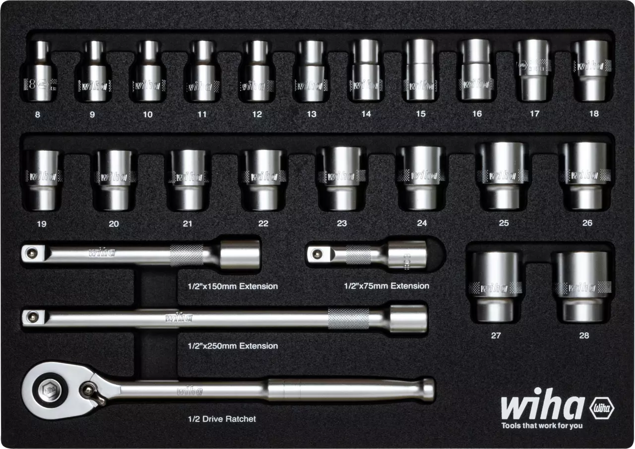 A 26-piece ratchet wrench set with sockets and extensions in a foam insert.