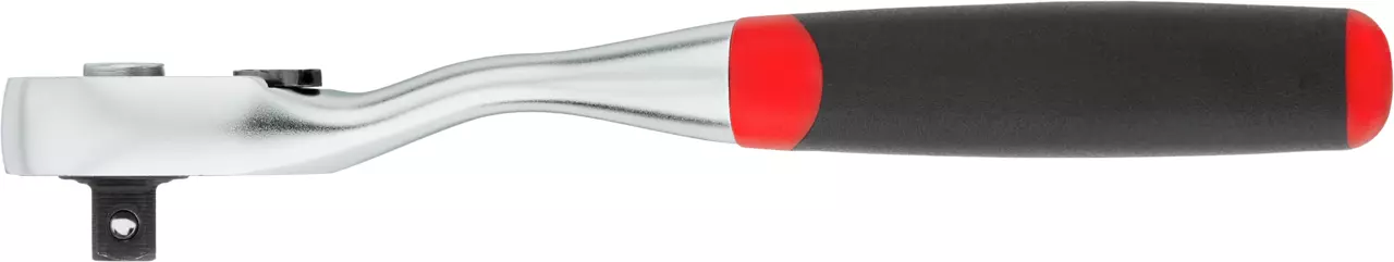Curved ratchet wrench with black handle and red accents.