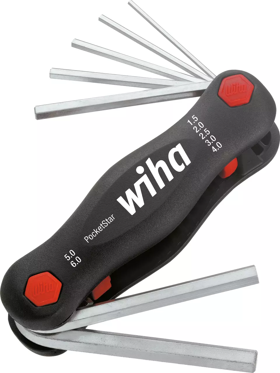 Folding hex key set with black handle, red accents, and multiple silver keys extended.