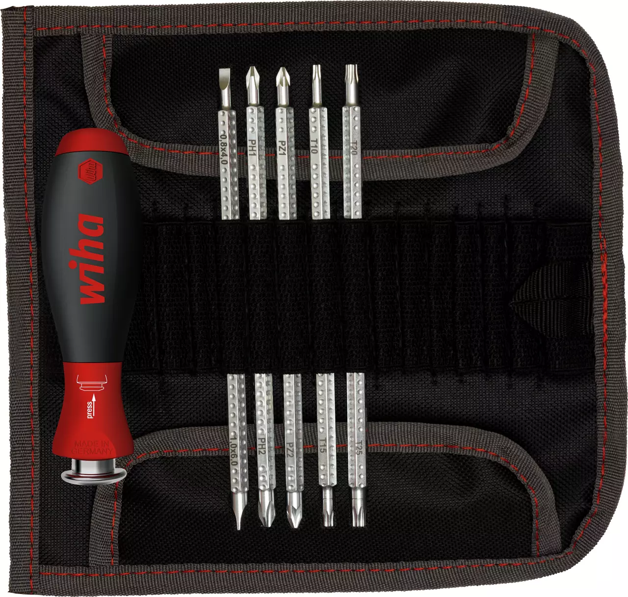 Screwdriver handle with six interchangeable bits in a black and red fabric case.